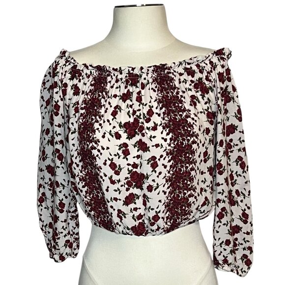 Brandy Melville red floral print off shoulder cropped blouse size S/M - Picture 1 of 10